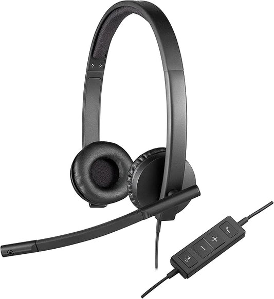 Logitech H570e Wired Headset, Stereo Headphones with Noise-Cancelling Microphone, USB, In-Line Controls with Mute Button, Indicator LED, PC/Mac/Laptop - Black