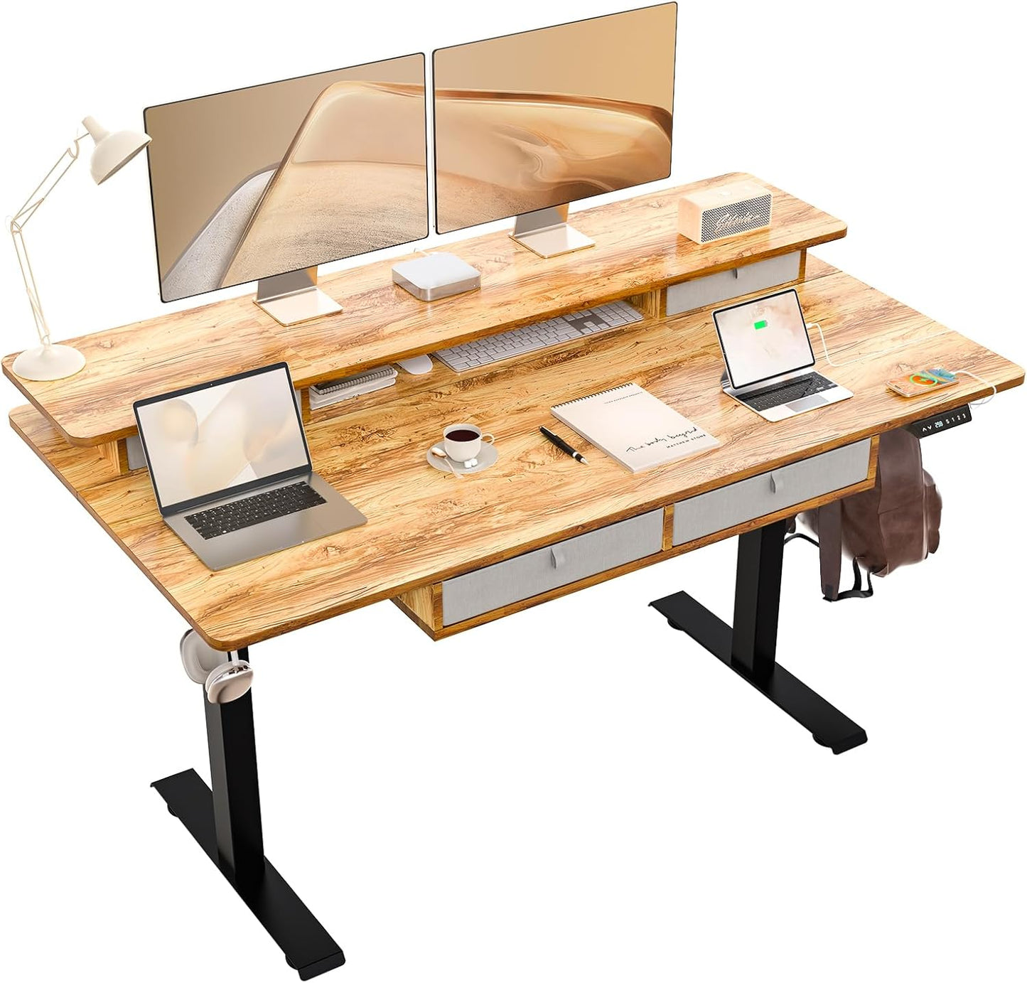 63 * 30 Inches Electric Standing Desk Adjustable Height with 4 Drawers, Double Storage Shelves, Home Office Workstation Sit Stand up Desk (Light Rustic Brown)