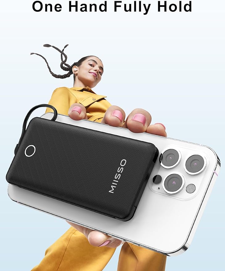 10000mAh Slim Portable Charger with Built in Cable, Power Bank Travel Charger External Battery Pack for Phone, 4 Output USB Type C Cord Clutch Charger Compatible with iPhone, 2 Pack Black & White