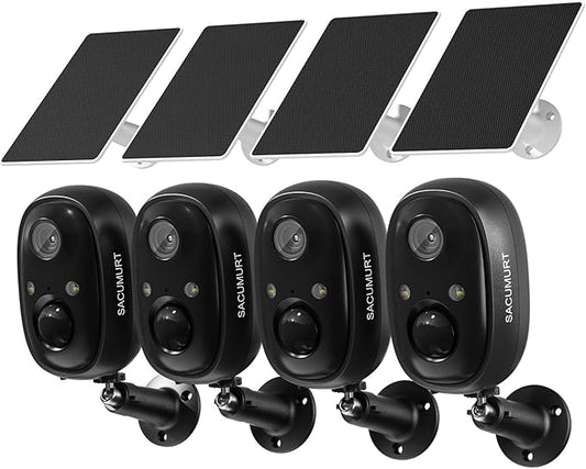 WiFi Cameras for Home Security, Solar Powered Security Cameras Wireless Outdoor, Outdoor Camera Wireless, PIR Motion Detection, Color Night Vision, Works with Alexa & Google Home, Storage 4-Pack