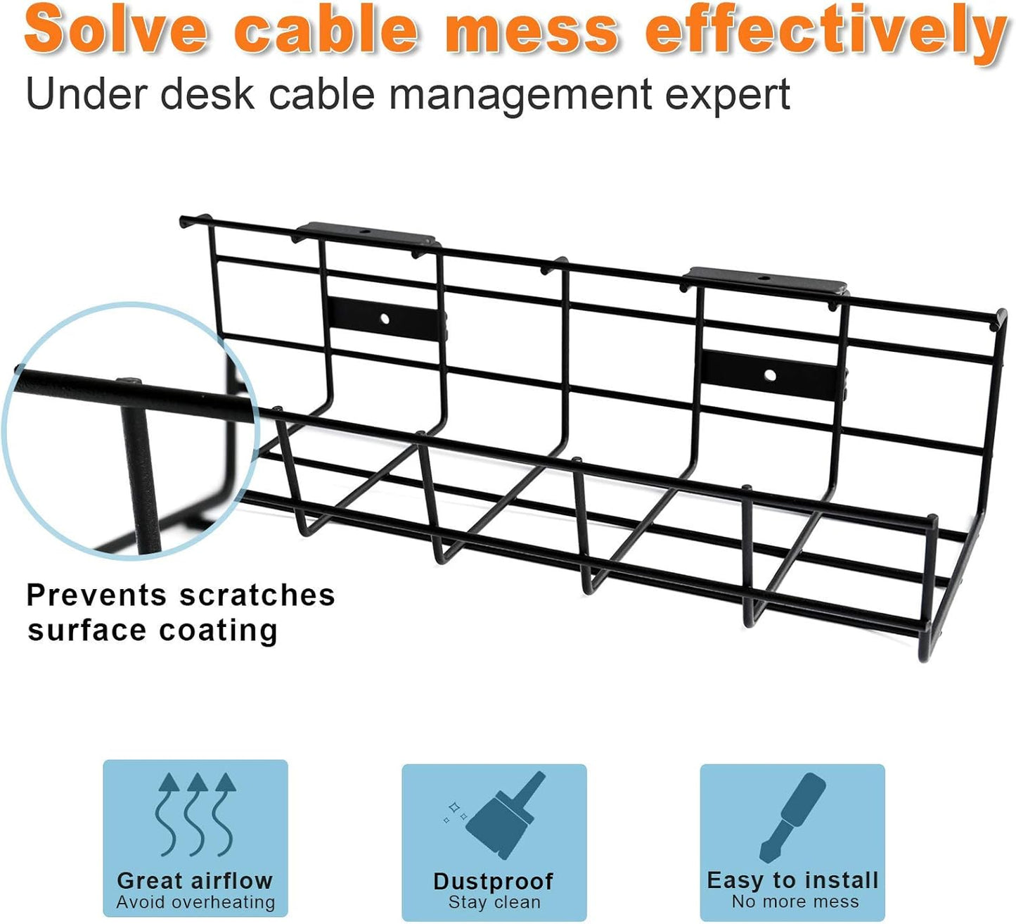 Under Desk Cable Management- 2 Pack Cord Organizer. Metal Wire Cable Management Tray for Office, Studio and Home. Super Sturdy Under Table Cable Management - Black Cable Organizer