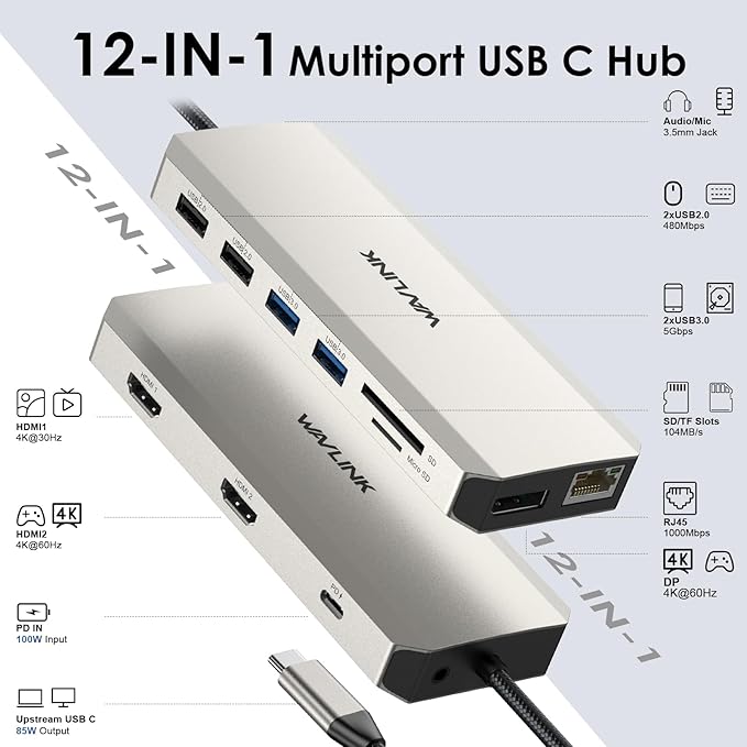 USB C Docking Station USB C to Dual HDMI Adapter USB C Hub Dual Monitor, 13 in 1 Multiport Triple Display Type C Dongle with Dual HDMI 4K, DP, PD Charger, 5 USB, Ethernet, SD TF Card Reader, Audio