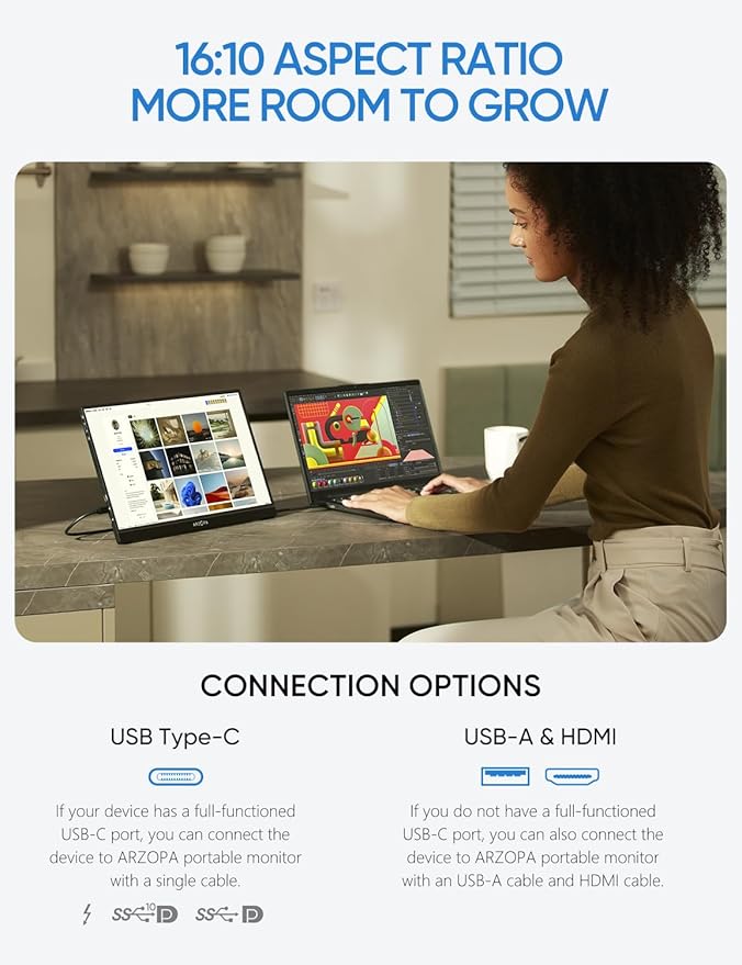 ARZOPA 16" 2.5K Portable Monitor, 2560x1600 QHD IPS Display 123% sRGB with Built-in Stand USB-C HDMI Eye Care External Second Screen for Mac Laptop Phone PS4/5 Xbox Switch -Z1RC