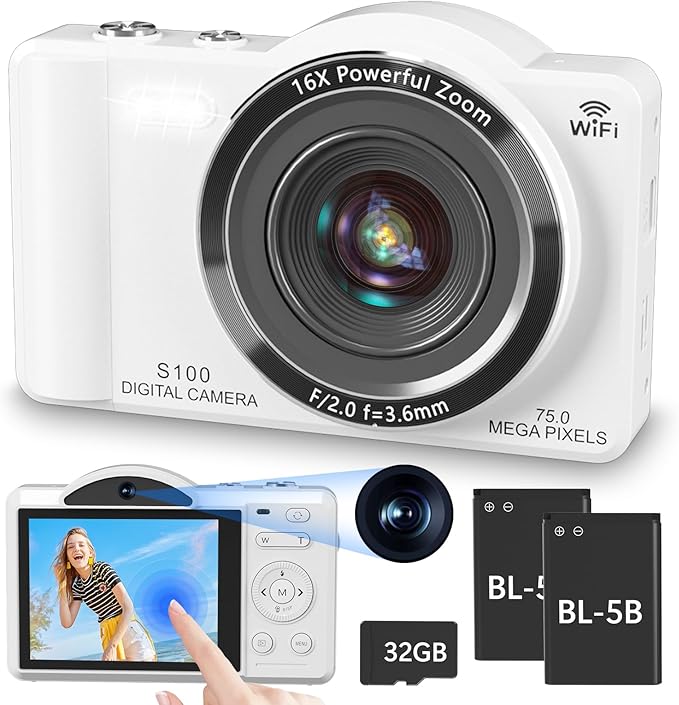 Digital Camera for Photography - WiFi 4K 75MP Vlogging Cameras for YouTube, Touchscreen Autofocus Point and Shoot Digital Camera for Teens Adult Beginner with 16X Zoom, 32GB Card, 2 Batteries(White)