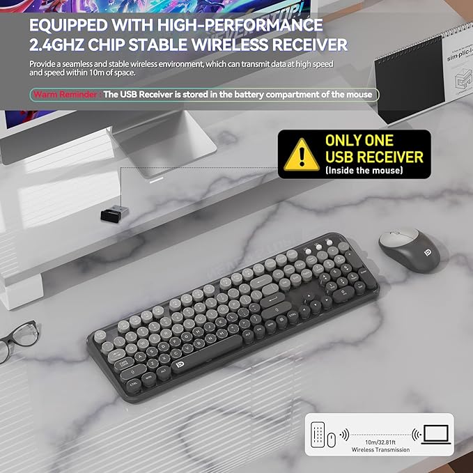 FD Wireless Keyboard and Mouse Combo - 2.4G Full-Sized Cute Colorful Mouse and Keyboard with 104 Round Keys Retro Typewriter Keyboards for Laptop/Windows/PC - Grey Gradient