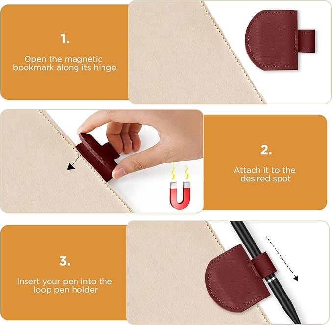 Magnetic Pen Loop Holder, Pencil Holder for Notebooks, Journals, Calendars, PU Leather 3 Pack