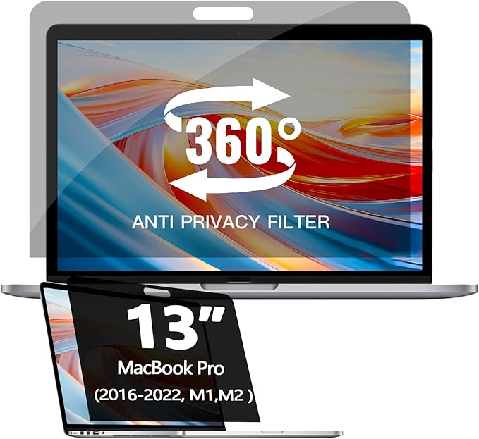 360° Privacy Screen Protector Compatible for MacBook Air 13 Inch (2018-2021, M1), Privacy Screen Filter for MacBook pro 13 inch (2016-2022,M1, M2), Anti-Spy/Anti Fingerprint/Anti Blue Light/Anti Glare