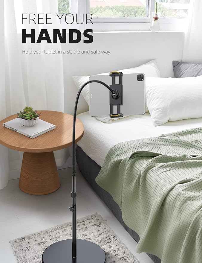 Lamicall Tablet Floor Stand Holder - Gooseneck Tablet Mount for Bed, 63" Adjustable Height & 10.6lb Stable Base, for 4.7-13" Tablets, iPad Pro 13/9.7, Air, Mini, Galaxy Tab, Kindle, Phones
