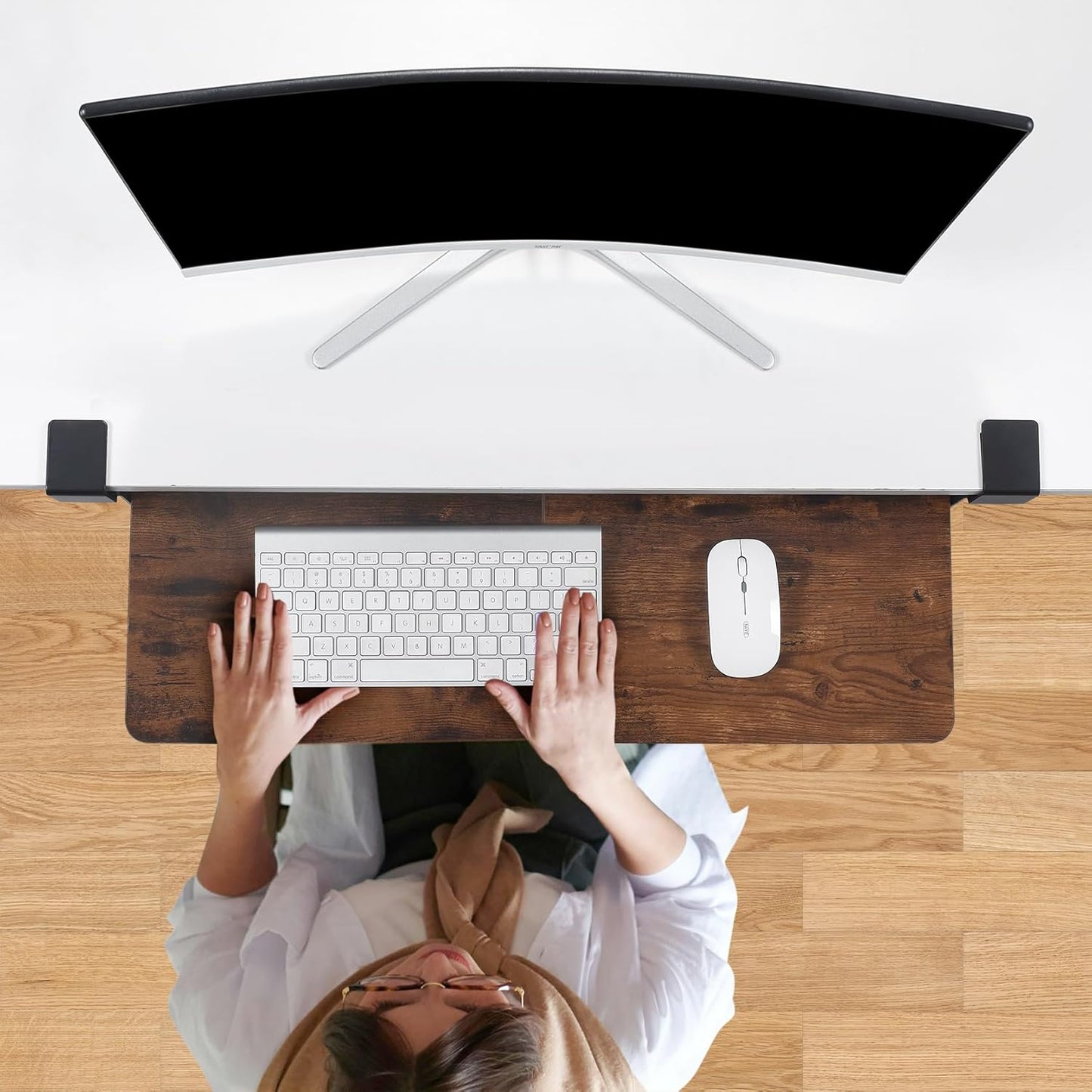 Keyboard Tray Under Desk with Drawer,26.77" X 11.81"Large Size Keyboard Tray with C Clamp-on Mount, Easy to Install, for Home Office (Mahogany)