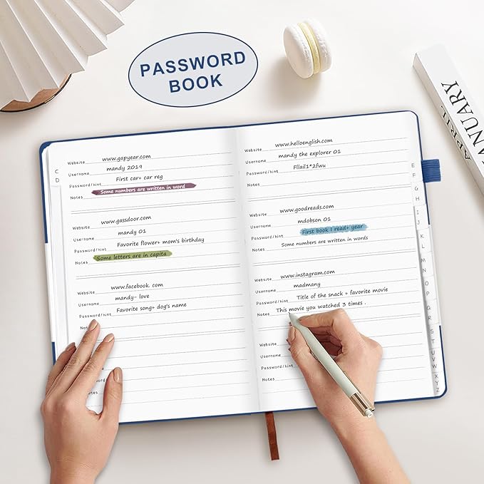 Password Book with Alphabetical Tabs, Hardcover Password Keeper, Size 4.4''x 6.1'' Password Notebook for Saving Internet Login, Username, Password Organizer for Computer & Website Logins, Blue