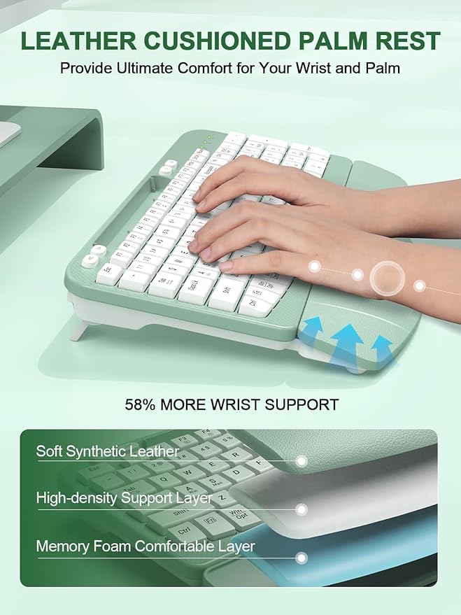 Ergonomic Wireless Keyboard with Cushioned Wrist Rest, Wave Keys, Phone Holder, Comfortable Natural Typing, 2.4GHz Full Size Cordless USB Computer Keyboard for Laptop, Mac, Windows (Mint Green)