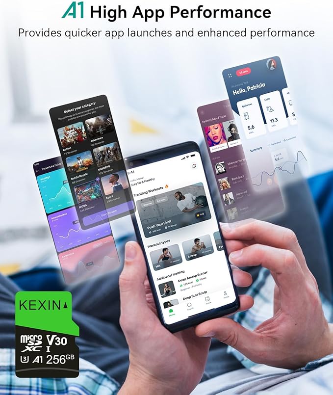 KEXIN 256GB Micro SD Card with SD Adapter microSDXC Memory Card UHS-I A1 V30 U3 Micro SD Card Full HD High Speed TF Card for Smartphone Tablet Action Camera Dash Cam Drone Game Console