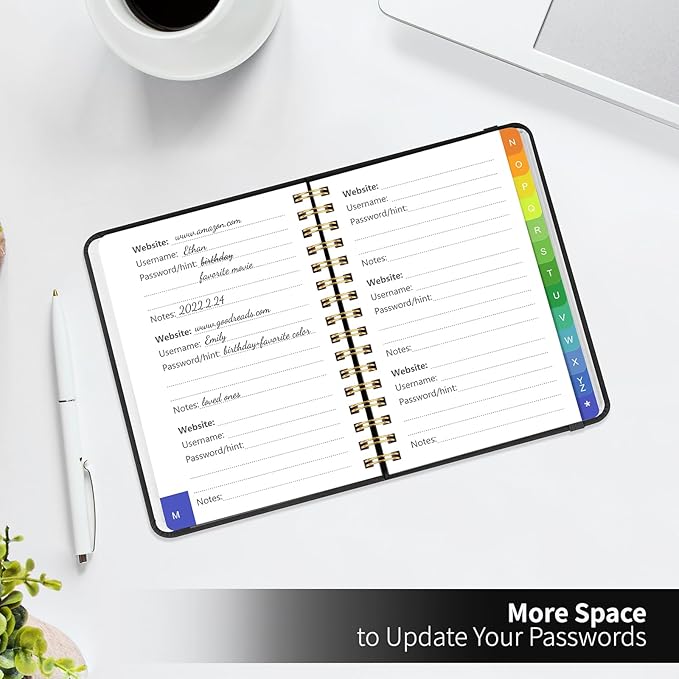 Small Password Book with Alphabetical Tabs, Password Keeper Book for Seniors, Individual & Colorful Tabs, Spiral Hardcover Password Notebook Small for Website Logins, 4.7" x 5.8", Black