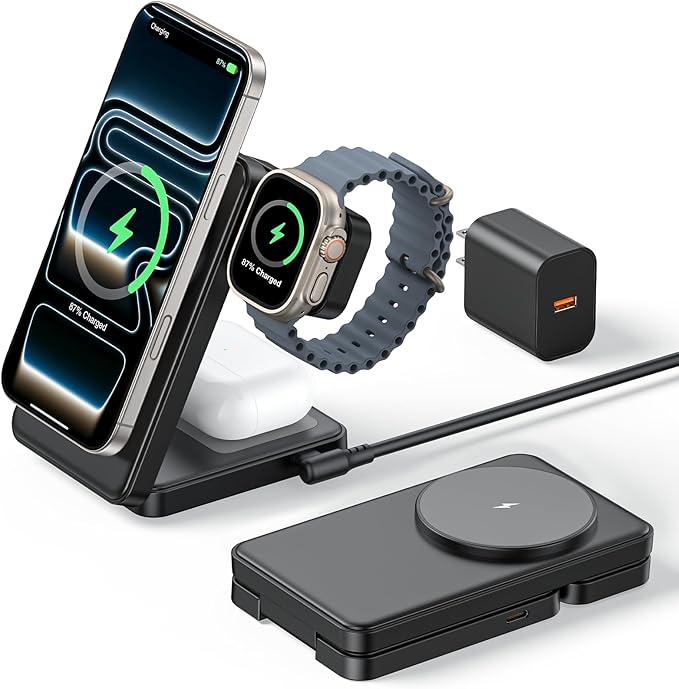3 in 1 Magnetic Charging Station, 15W Fast Wireless Charger Compatible with MagSafe Charger Stand for iPhone 17 16 15 14 13 12, Apple Watch Charger & AirPods, Foldable Travel Charging Dock, Black