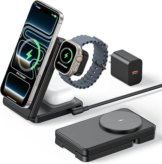 3 in 1 Magnetic Charging Station, 15W Fast Wireless Charger Compatible with MagSafe Charger Stand for iPhone 17 16 15 14 13 12, Apple Watch Charger & AirPods, Foldable Travel Charging Dock, Black
