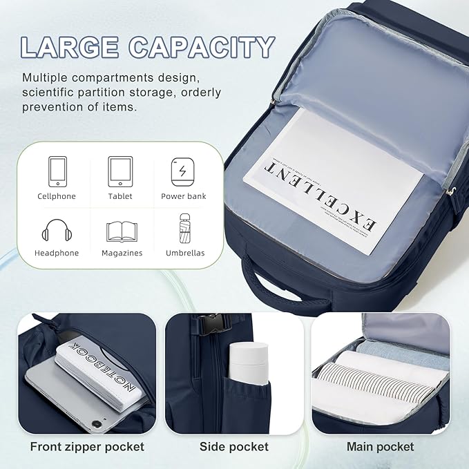 VECAVE Carry On Backpack for Women, Airline Approved Large Travel Backpack Flight Approved, Waterproof 14 Inch Laptop Backpack Business Work Backpacks Bag Men Mochila De Viaje Blue.