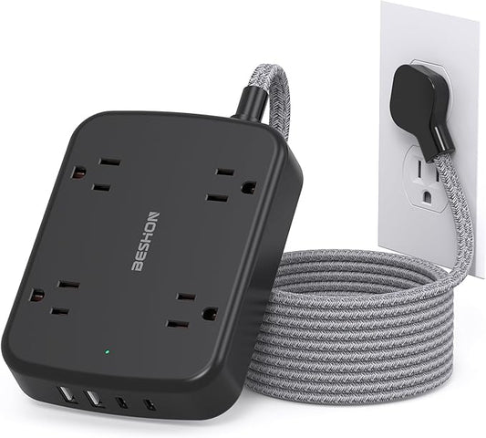Surge Protector Power Strip with 2 USB C - BESHON 5 Ft Flat Extension Cord Flat Plug Power Strip, 4 Widely Outlets and 4 USB Charging Ports, 900 Joules, for Home Office Dorm Room Essentials, Black