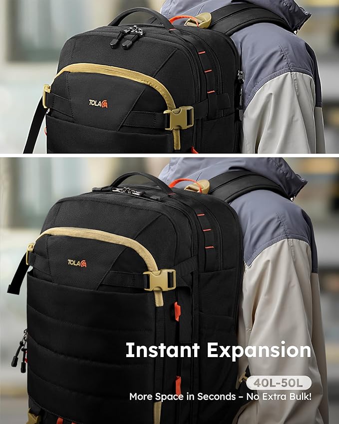 Tolaccea Carry on Travel Backpack, TSA Friendly Flight Approved Laptop Backpack Duffle Bag for Men Women with Dual Laptop Storage for 17.3", USB Charging Port, Business Rucksack 40L-50L Expandable
