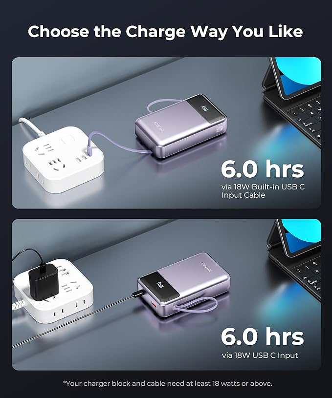 Portable-Charger-Power-Bank Travel Essentials Battery Pack USB C 30000mAh Built in Cable 22.5W Phone Fast Charging Powerbank Compatible with iPhone 16 15 14 13 12 X iPad Samsung Google (Purple)