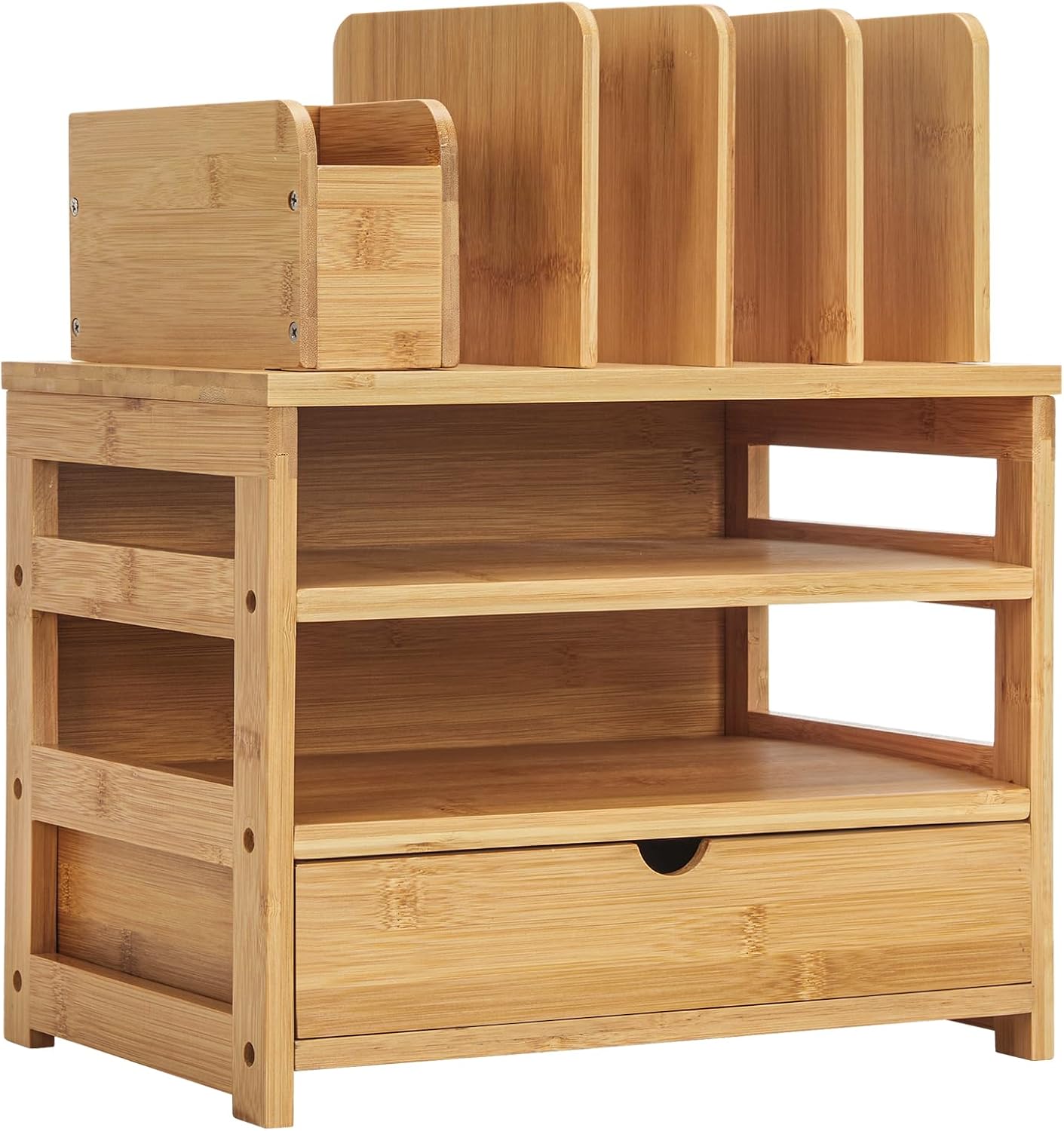 Homde Bamboo Desk Organizer with Drawer and File Holder, Office Organization for Desks with Adjustable Pen Holding, Desktop Letter Paper Tray Storage for Workplace Home School (Natural, L)