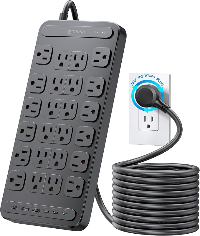 TROND Surge Protector Power Strip, 360° Rotating Flat Plug, 24 AC Outlets, 6 USB Ports Total 37W, 4000 Joules, ETL Listed, 15ft Heavy Duty Extension Cord 1875W for Gaming Dorm Room Essentials Black