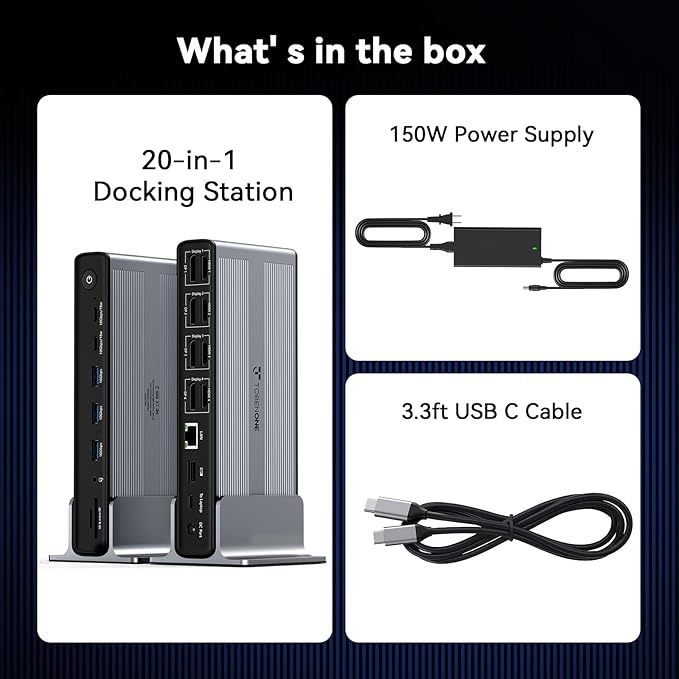 TobenONE DisplayLink Docking Station 4 Monitors, 20-in-1 Quad 4K@60Hz HDMI Display with 150W Power Supply for Thunderbolt 5/4/3, USB-C Windows,Chrome, MacBook/Mac mini(6 USB, Ethernet, SD/Micro SD)