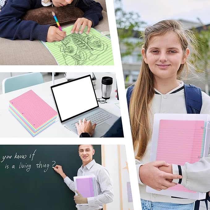 Koogel 5-Color Loose Leaf Paper, 500 Sheets Wide Ruled, 8 x 10.5 Inch, 3-Hole Punched for 3-Ring Binders, Perfect Notebook Paper Filler for Note-Taking, Ideal for Back to School Student & Professional