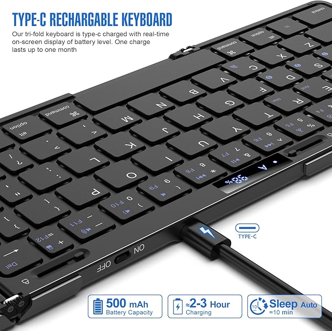 Eelexa Foldable Travel Key Board Wireless Portable Folding Keyboard with Touchpad, Lock Hinge Battery Level Display, Bluetooth Keyboard for ipad Tablet Laptop Windows Mac OS (Black-Tri-fold)