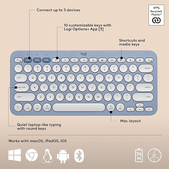 Logitech Pebble 2 Combo for Mac, Wireless Keyboard and Mouse, Slim, Quiet and Portable, Customizable, Bluetooth Mouse and Keyboard, Easy-Switch, for macOS, iPadOS - Tonal Blue