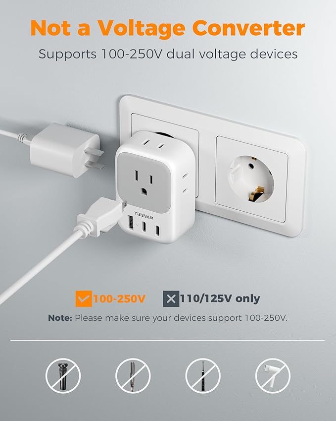 3 Pack European Travel Plug Adapter, TESSAN Type C Charger Plug with 4 Outlets 3 USB (2 USB-C), US to Europe Plug Adapter for Italy, Spain, France, Portugal, Greece, Iceland, Travel Essentials