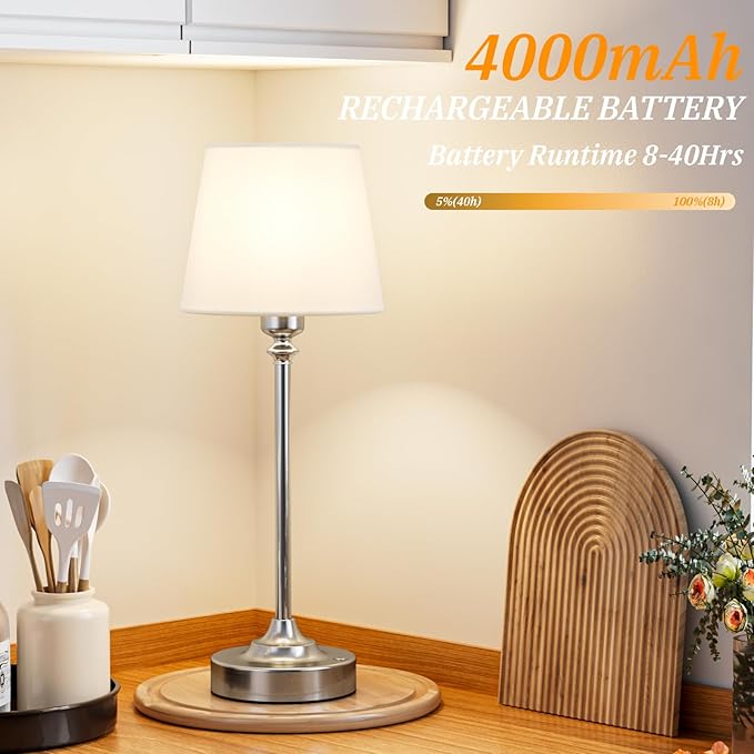 Kakanuo Cordless Table Lamp Rechargeable Silver - 1 Pack 4000mAH Battery Operated Lamp for Decor, 3000K Stepless Dimming Touch Control Wireless Lamp for Bedroom, Dining Table, Counter, Living Room