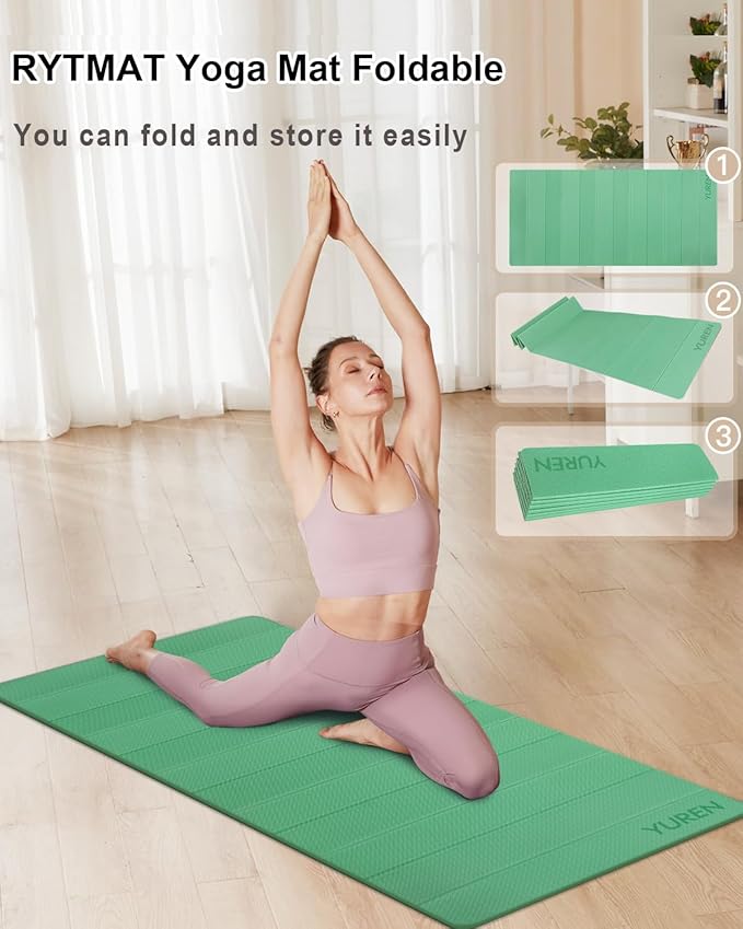 Foldable Yoga Mat 10mm Thick Wide Exercise Mat Non Slip Workout Mat for Home Gym, Travel, with Yoga Carrying Bag