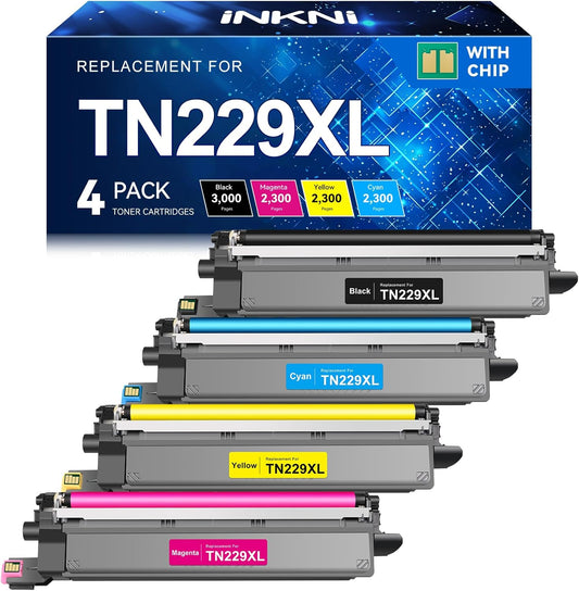 InkNI Compatible Toner Cartridges Replacement for Brother TN229XL TN229 XL TN-229XL Toner Cartridges for MFC-L3780CDW MFC-L3720CDW HL-L3280CDW HL-L3220CDW HL-L3300CDW Printer (TN-229XLBK/C/M/Y-4 Pack)