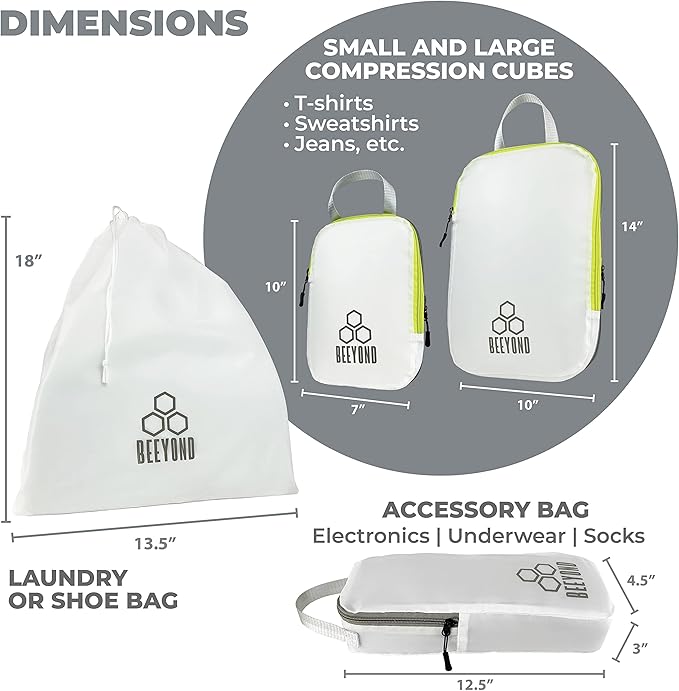 Beeyond Compression Packing Cubes Set - 6 Pieces for Travel and Luggage Organization, Includes Large & Small Cubes, Accessories Bag, and Laundry Bag