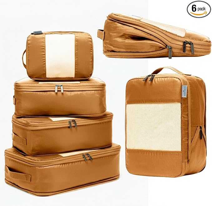 6-Pack Compression Packing Cubes Travel Essentials - Lightweight, Water-Resistant Luggage Organizer Bags with Handles, Durable Travel Accessories Suitcase Organizer (Caramel)