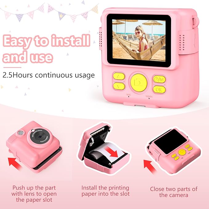 Instant Print Camera for Kids,Christmas Birthday Gifts for Age 3-12 Girls Boys，1080P HD Digital Video Cameras for Toddler,Kids Portable Toy with 3 Rolls Photo Paper，32GB Card-Pink