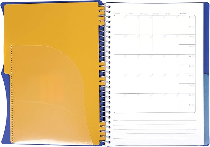 Mintra Office Durable PREMIUM Spiral Notebook, ((Blue, 2 Subject (6in x 9.5in)), Wire, Fabric Covered Coils, No Snags, Removable Adjustable Pocket Dividers, Ruler, Organization, Customizable