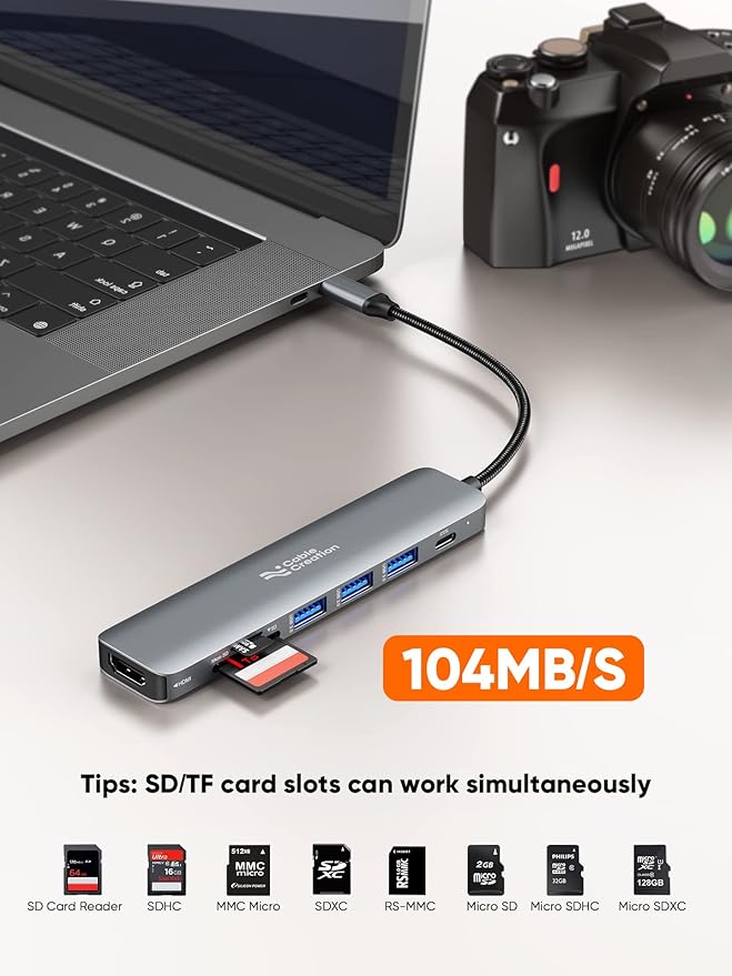 USB C Hub Multiport Adapter, CableCreation 7-in-1 USB C HDMI Hub with 4K 30Hz HDMI, 100W PD, 3 USB 3.0 5Gbps Data Ports, SD/TF Cards Reader for MacBook Pro/Air, iPad Pro, Pixelbook, XPS