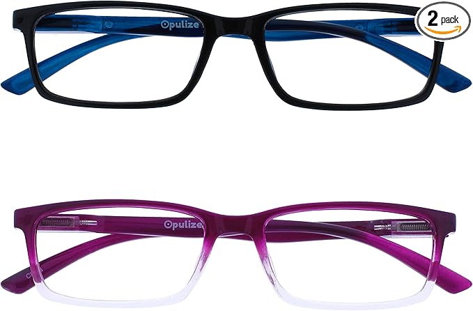 OPULIZE SEE Reading Glasses with Blue Light Blocking for Women and Men, Narrow Frame, Spring Hinges, Computer Gaming Glasses, Black,Purple +2.5 (Pack of 2)