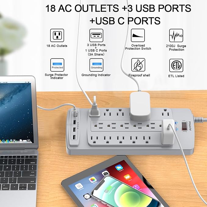 18 Outlets Surge Protector Power Strip - 10 Feet Flat Plug Heavy Duty Extension Cord with 18 Widely Outlets and 4 USB Ports, 2100 Joules, Grey, ETL Listed