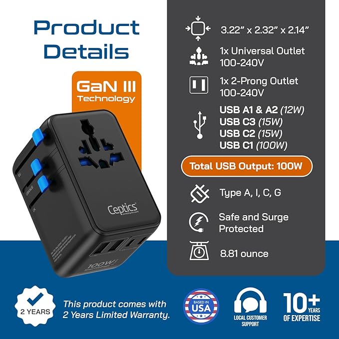 Ceptics GAN 100W Universal Travel Adapter with Retractable USB-C Cable, 2X USB-A & C, Universal Input and 1x USA/JP Input, 7 in 1 Universal Adapter for Worldwide Travel - Type A, C, G, I Output