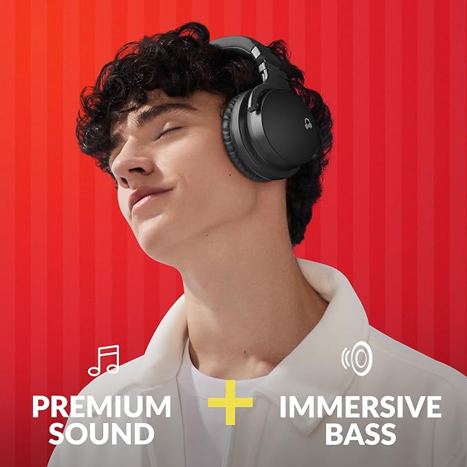 MOVSSOU E7 Active Noise Cancelling Headphones Bluetooth Headphones Wireless Headphones Over Ear with Microphone Deep Bass, Comfortable Protein Earpads, 30 Hours Playtime for Travel/Work, True Black