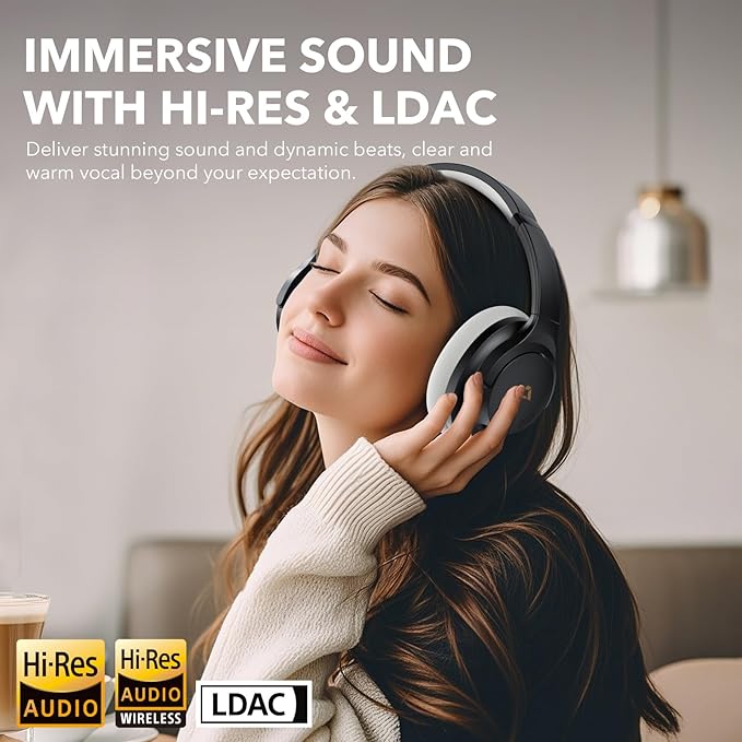 1Mii Y8+ Noise Cancelling Headphones Bluetooth, Wireless LDAC Hi-Res Audio, Custom EQ via App, 75H Playtime, Comfort Fit, Over Ear Headphones Foldable for Airplane Travel Home Office Black Grey