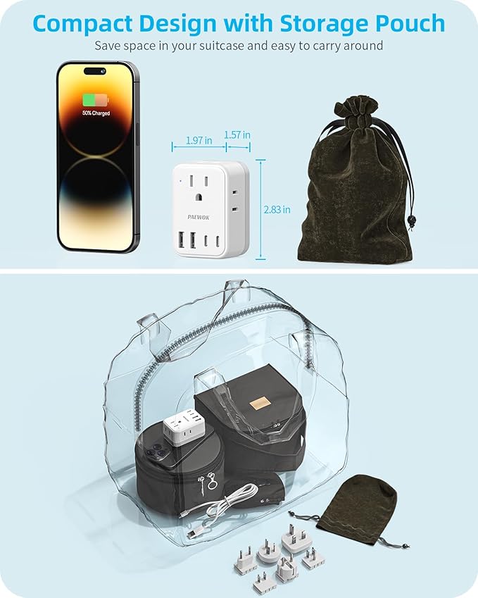 International Power Adapter Set, US to EU/UK/AUS/Japan Universal Travel Adapter- 4 AC Outlets 4 USB Ports (2 USB C), Worldwide Travel Plug Adapter Kit Include Type F/G/I/C/B/A Detachable Charger Plug