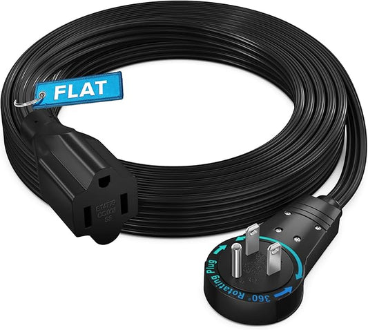 Maximm 360 Rotating Plug Extension Cord - 10ft Flat Design, Space-Saving Low Profile for Under Carpet (Black)