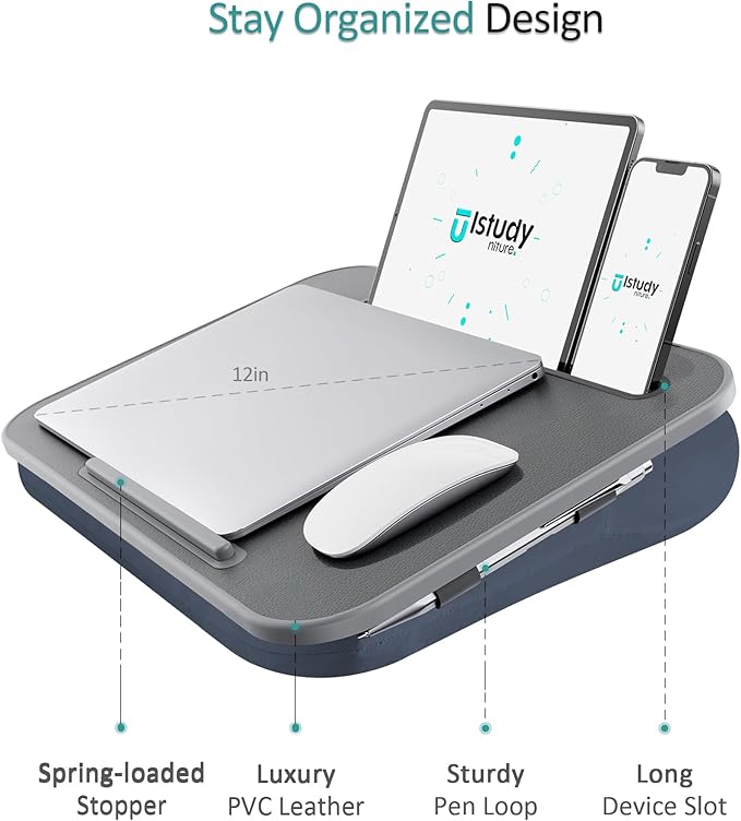 ISTUDYNITURE Portable Lap Desk with Cushion, Fits up to 15.6 inch Laptop, Laptop Stand with Device Ledge and Phone Holder, for Home Office (Grey, Small)