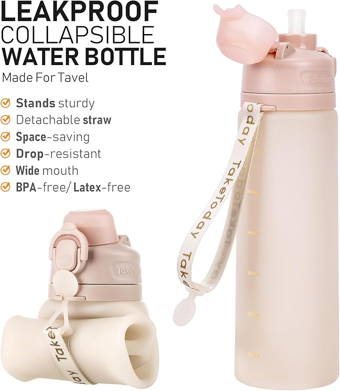 TakeToday Collapsible Water Bottles 20oz, Leak Proof, BPA-Free, Foldable Silicone Travel Water Bottle with Straw Strap for Cycling, Hiking, Outdoors