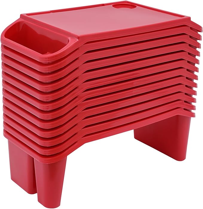 12PCS Kids Lap Desk Tray, Portable Plastic Activity Table, 19.69×9.84×7.1in Lap Bed Table with Storage Slots & Cup Holder, for Eating, Writing, Kids (Red)