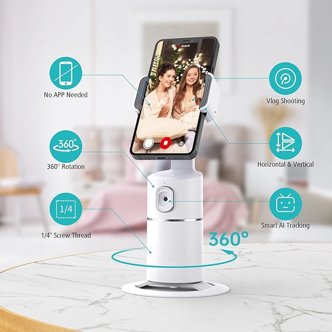 Auto Face Tracking Phone Holder, No App Required, 360° Rotation Face Body Phone Tracking Tripod Smart Shooting Camera Mount for Live Vlog Streaming Video, Rechargeable Battery-White