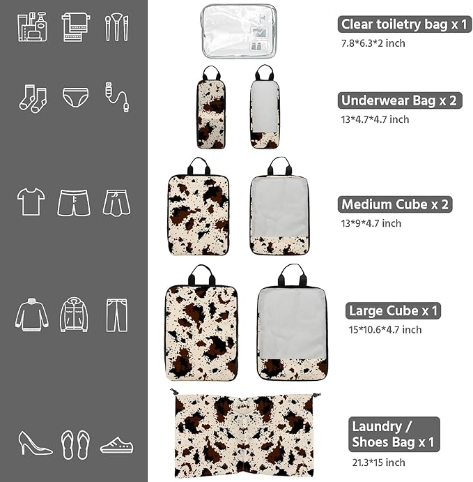 7 Pcs Compression Packing Cubes for Travel, Waterproof Suitcase Luggage Backpack Organizer with Toiletry Bag Travel Essentials for Women/Men-Cow Print
